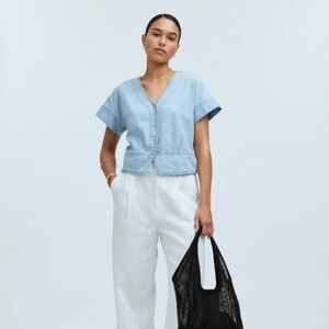 Madewell Pleated Short-Sleeve Top • size small • NP039 • NWT • chambray